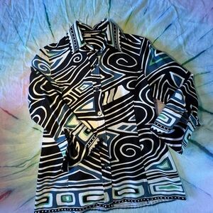 Ellen Tracy abstract button down top with blue green accents